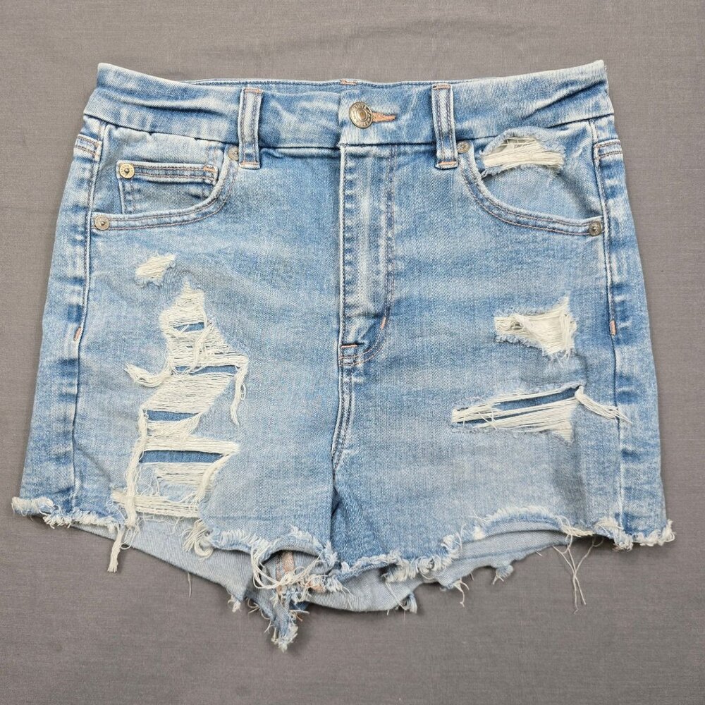 American Eagle Curvy Hi Rise Shortie Distressed Denim Shorts Size 4 Light Wash